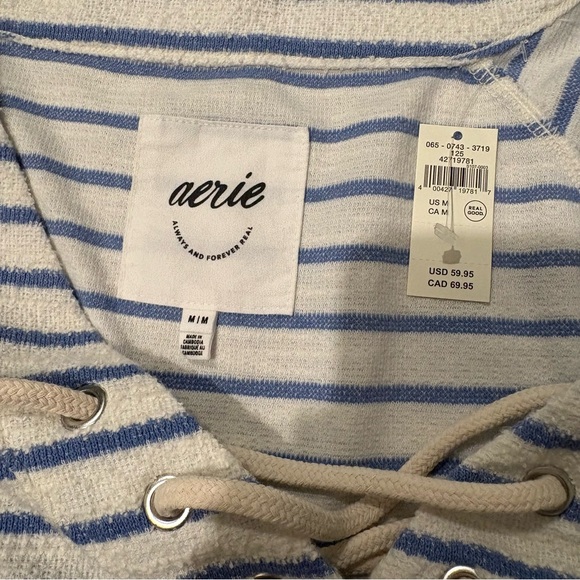 NWT, Aerie Striped Lace-Up Sweatshirt In Blue And White, Sz M - Picture 13 of 15